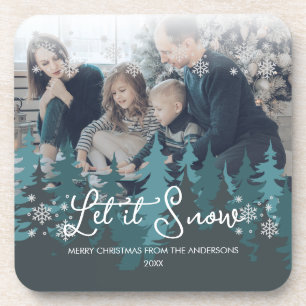 Let It Snow Modern Teal Green Trees Family Photo Coaster