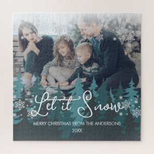 Let It Snow   Modern Teal Green Trees Family Photo Jigsaw Puzzle