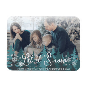 Let It Snow Modern Teal Green Trees Family Photo Magnet