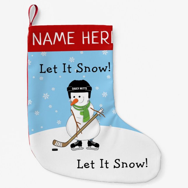 Let it Snow Personalised Hockey Snowman Small Christmas Stocking (Front)