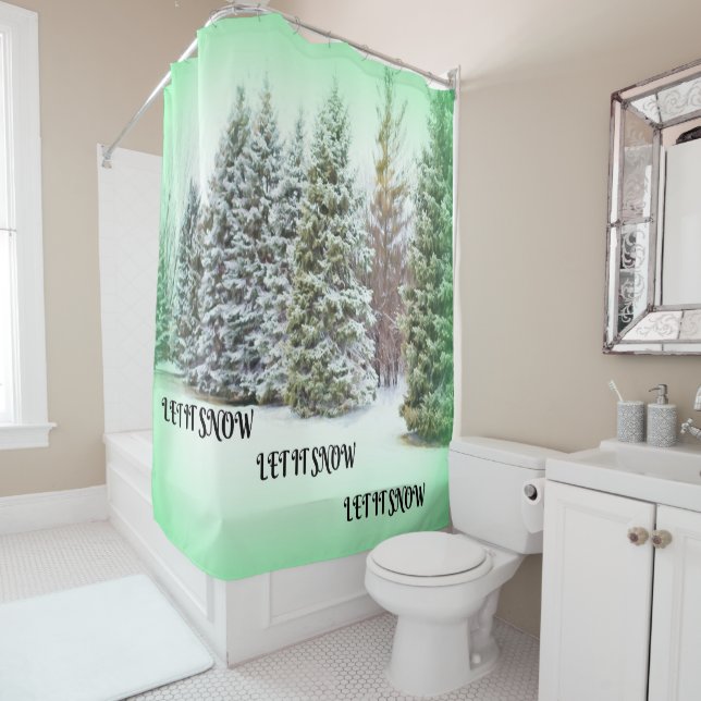 Let It Snow Pine Trees Green Glow Winter Scene Shower Curtain (In Situ)