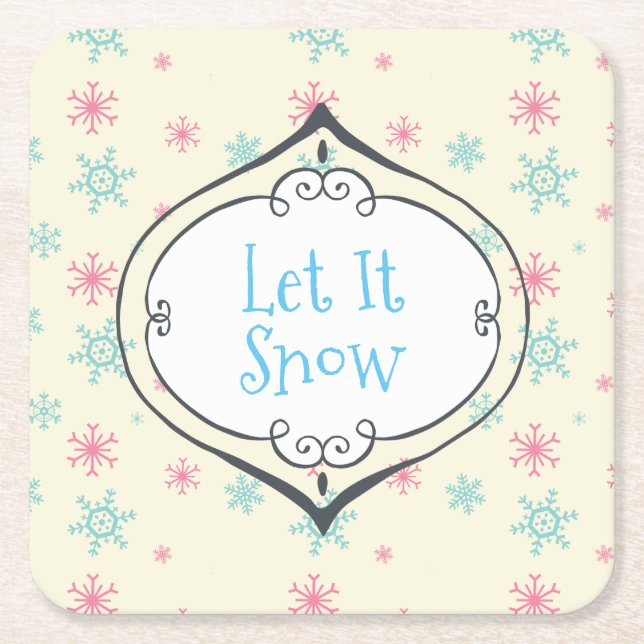 Let it Snow Pink And Blue Snowflakes Festive Square Paper Coaster (Front)