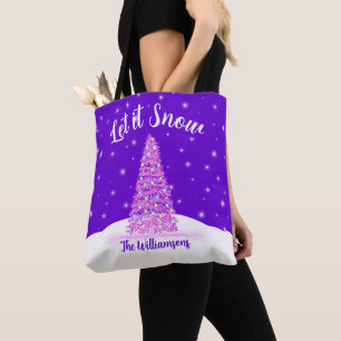 Let it Snow Pink Christmas Tree Holiday Tote Bag