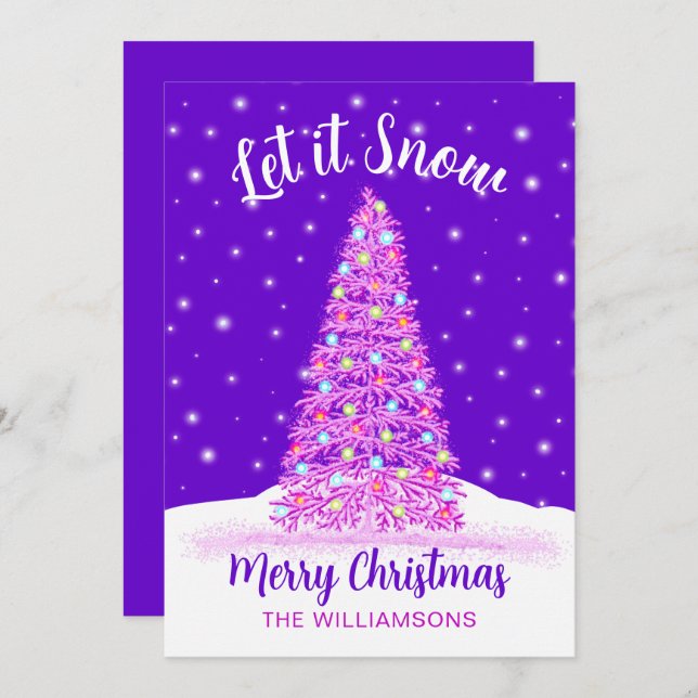 Let it Snow Purple Decorated Christmas Tree Holiday Card (Front/Back)