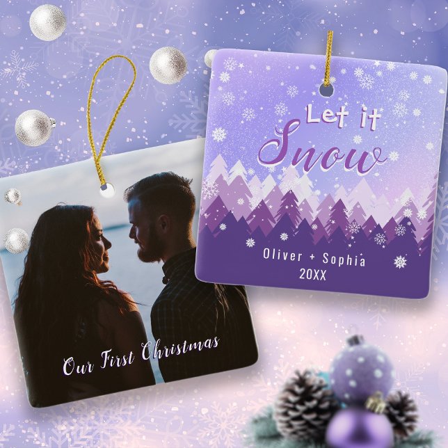 Let it Snow Purple Snow Forest Merry Christmas Ceramic Ornament (Creator Uploaded)