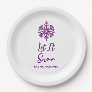 Let It Snow Purple Snowflake Paper Plate