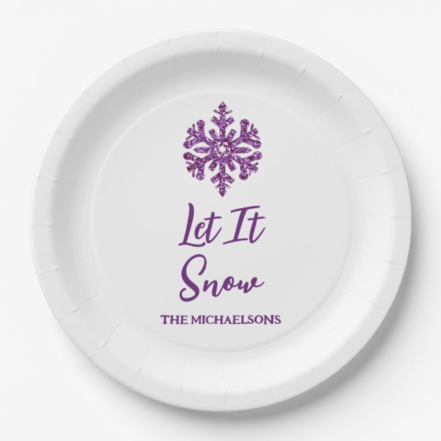 Let It Snow Purple Snowflake Paper Plate (Front)