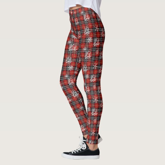 LET IT SNOW Red Black Plaid Holiday Leggings (Left)