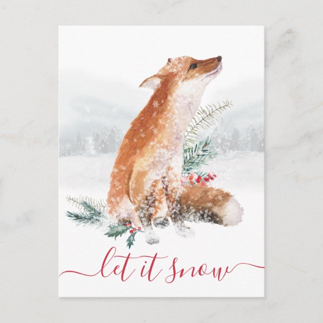 Let It Snow Red Fox Winter Woodland Holiday Postcard (Front)