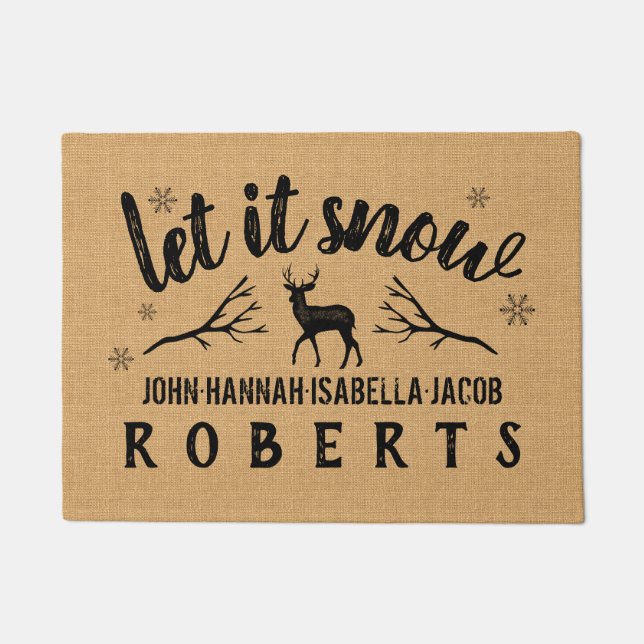 Let It Snow Rustic Winter Deer Burlap Custom Doormat (Front)