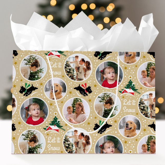 Let it Snow Scottie Dog Fun Custom Photo Gold Large Gift Bag (Creator Uploaded)