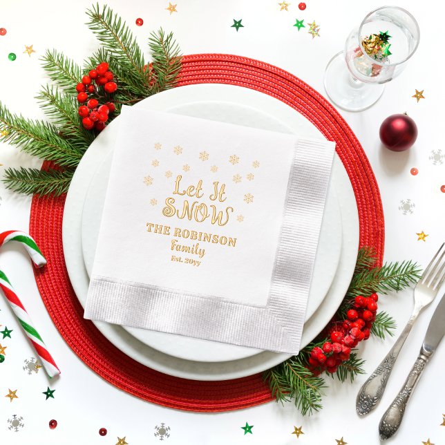 Let It Snow Snowflakes Christmas Family Name Date Foil Napkins ("Let It Snow" Snowflakes Christmas Family Name and Date Established Stamped Foil Napkins)