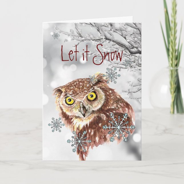 Let it Snow Snowflakes Fun Christmas Angry Owl Holiday Card (Front)