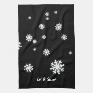 Let It Snow Snowflakes on Black Holiday  Tea Towel