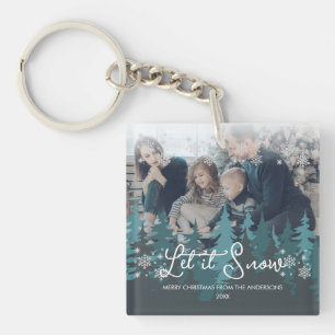 Let It Snow   Snowflakes Pine Tree Christmas Photo Key Ring