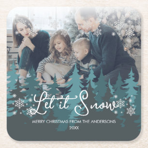 Let It Snow   Snowflakes Pine Tree Christmas Photo Square Paper Coaster