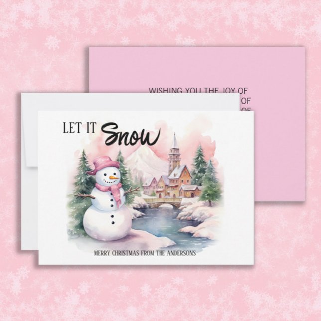 Let it Snow Snowman Christmas Holiday ("Let it snow" pink snowman Christmas/holiday greeting card personalized with your own text. )