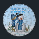 Let It Snow Snowman Dart Board<br><div class="desc">Let It Snow Snowman Dart Board features a snow scene background with falling snow, snow covered pine trees, a child on a stool putting the finishing touches on his snowman. The child is dressed in blue and the snowman has a blue scarf and black top hat. There is a reindeer...</div>