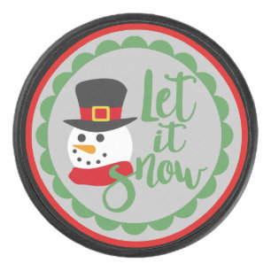 Let It Snow, Snowman Illustration Christmas Hockey Puck