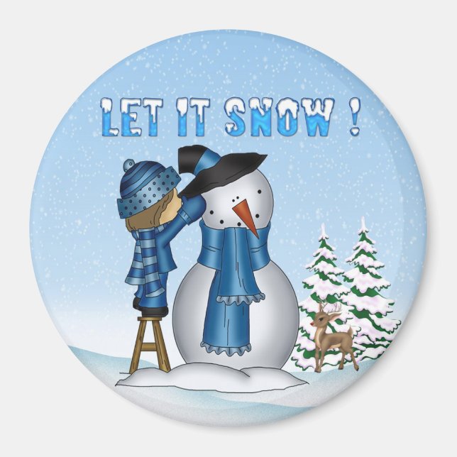 Let It Snow Snowman Round Magnet (Front)