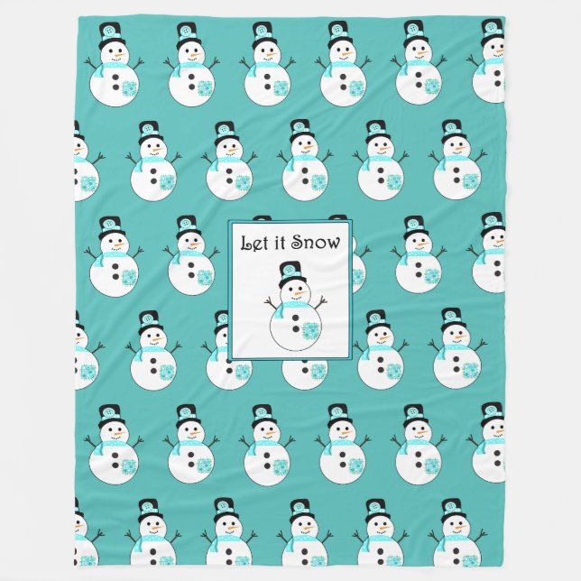 Let it Snow Snowman Teal Christmas Fleece Blanket (Front)