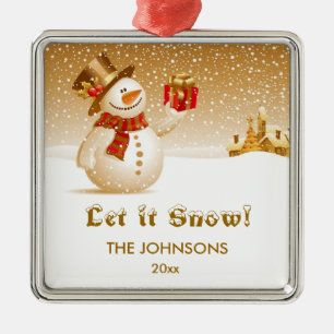 Let it snow! Snowman with present Metal Tree Decoration