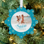 Let It Snow Somewhere Else Modern Vacation Photo Tree Decoration Card<br><div class="desc">“Let it snow (somewhere else).” A fun, humourous quote with playful, whimsical turquoise typography, faux gold foil snowflakes, and your personal message/name/year overlay the photo of your choice. A faux gold snowflake pattern and your personal message in white overlay turquoise blue on the back. Usher in the holiday season, as...</div>