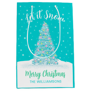 Let it Snow Teal Aqua Christmas Tree Holiday Medium Gift Bag