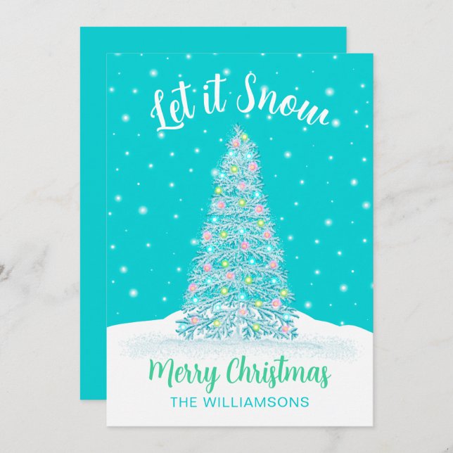 Let it Snow Teal Aqua Decorated Christmas Tree Holiday Card (Front/Back)