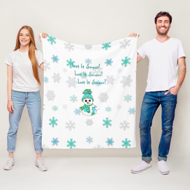 Let It Snow Teal Snowflakes and Snowman Christmas Fleece Blanket (In Situ)