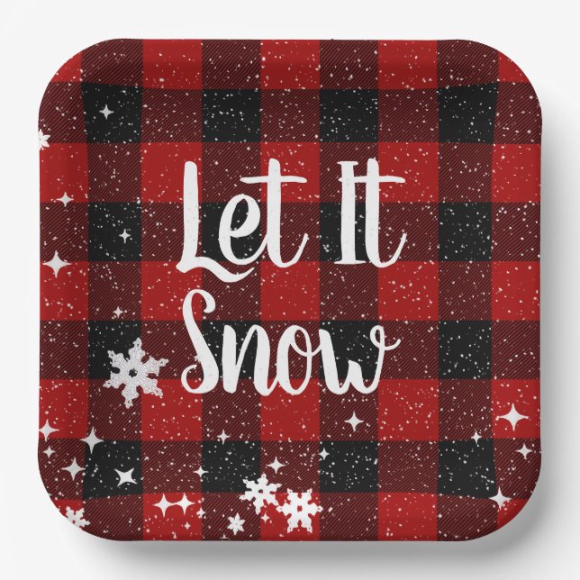 Let It Snow Text on Buffalo Plaid Paper Plate (Front)