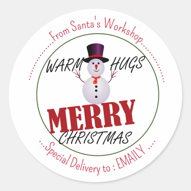 Let it Snow. Warm Hugs from Snowman Christmas eve Classic Round Sticker (Front)