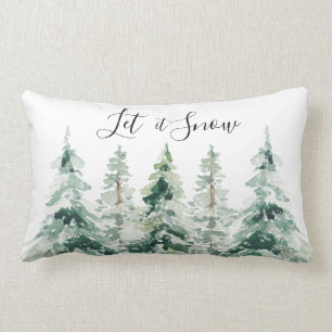 Let it Snow Watercolor Christmas Pine Trees Lumbar Cushion