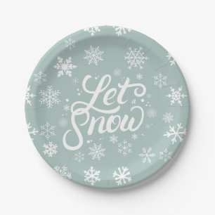 Let It Snow White Snowflakes Mint Green Holiday Paper Plate