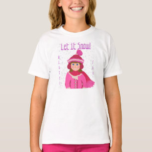 Let it Snow Winter Fun Girls Pink Hat Scarf T-Shirt