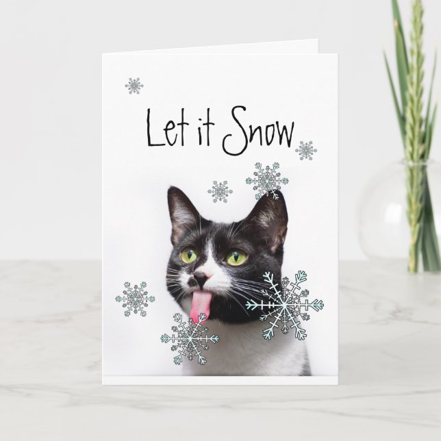 Let it Snow Winter Snowflakes Fun Christmas Cat  Holiday Card (Front)
