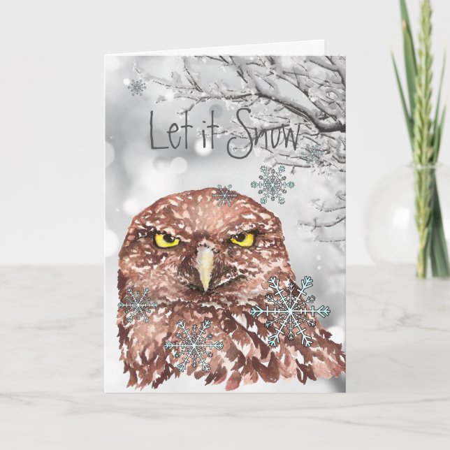 Let it Snow Winter Snowflakes Fun Christmas Owl  Holiday Card (Front)