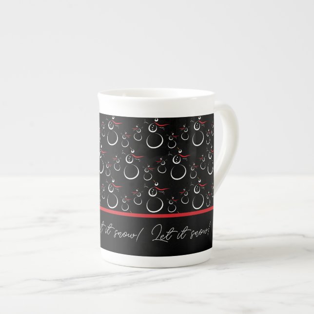 Let It Snow Winter Snowman Family Pattern Black Bone China Mug (Front Right)
