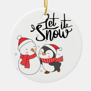 Let It Snow with a Penguin and Snowman on a Ceramic Tree Decoration