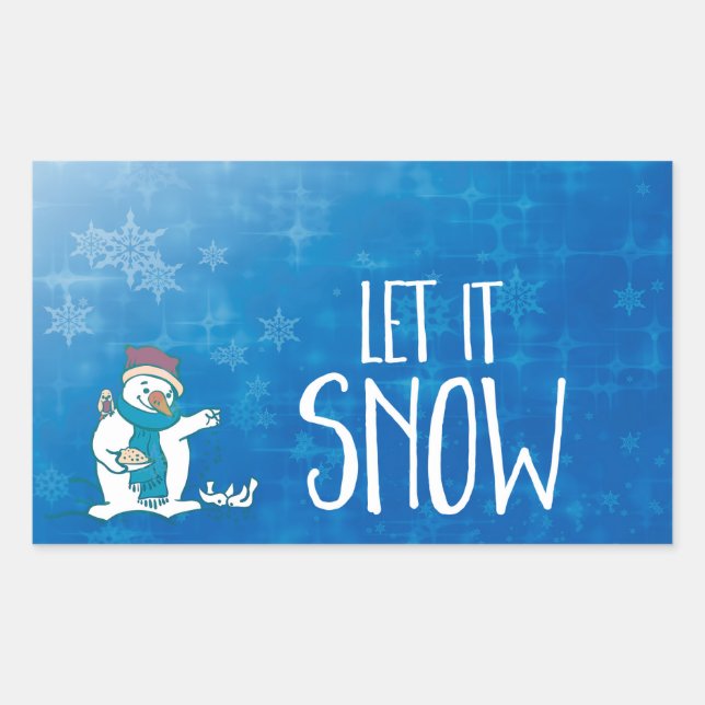 Let It Snow with Snowman Feeding Birds Rectangular Sticker (Front)