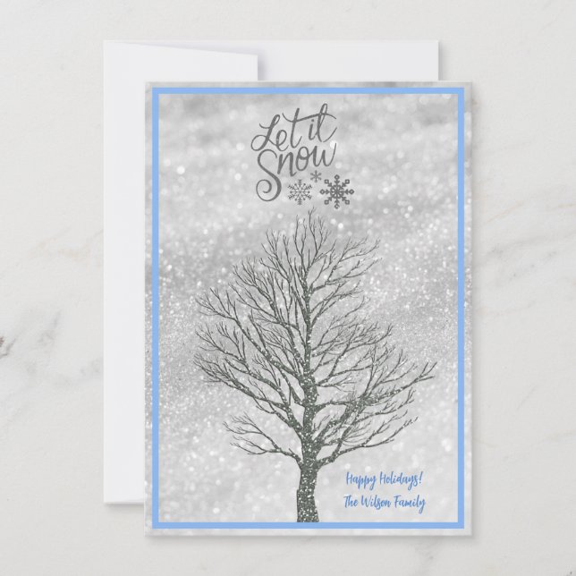 Let It Snowflakes Silver Tree Family Holiday Card (Front)