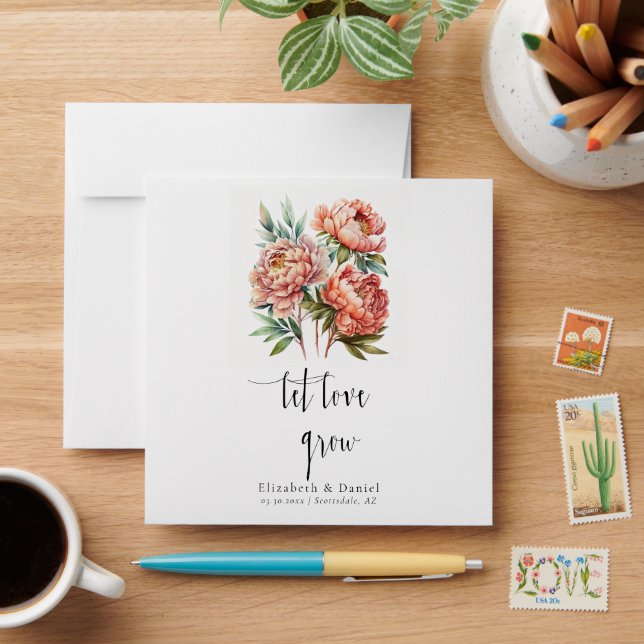Let Love Grow Boho Wedding Peonies Seed Packet Envelope (Desk)