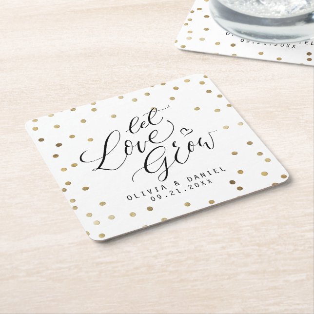 "Let love grow" modern calligraphy wedding Square Paper Coaster (Angled)