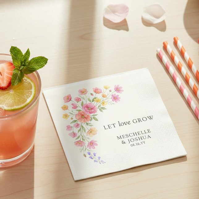 Let Love Grow Pink Orange Flowers Wedding Napkin (Let love Grow pretty napkins from the Wildflower Bloom wedding collection by Darling & May)