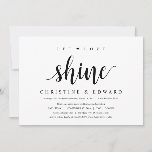 Let Love Shine, Modern Post Wedding Elopement Invitation (Front)