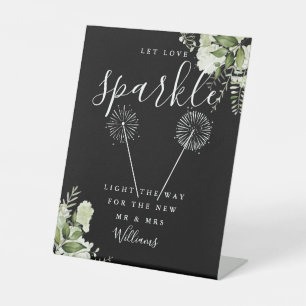 Let Love Sparkle Floral Black And White Wedding Pedestal Sign