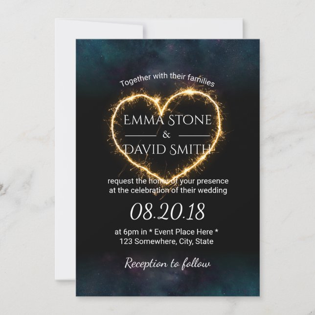 Let Love Sparkle Heart Sparkler Modern Wedding Invitation (Front)