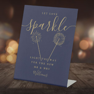 Let Love Sparkle Navy Blue Gold Signature Script Pedestal Sign