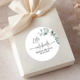 Let’s Celebrate name date eucalyptus modern Classic Round Sticker
