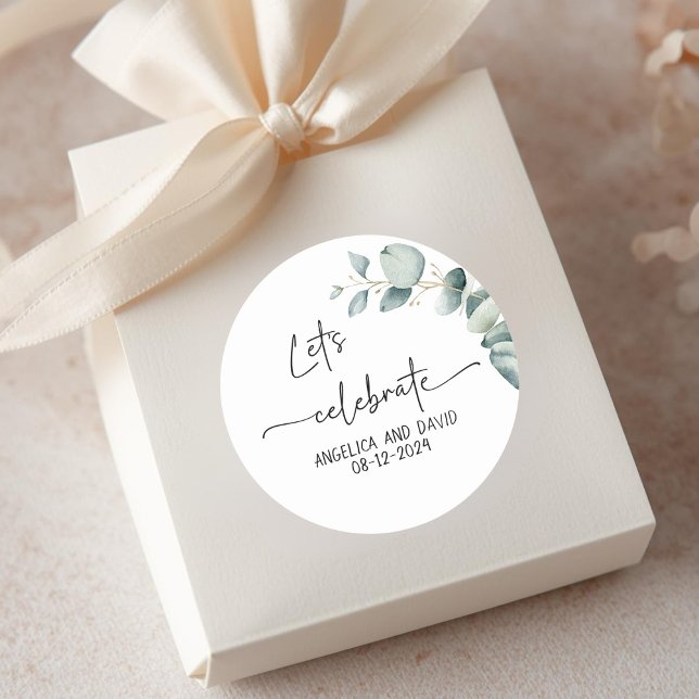 Let’s Celebrate name date eucalyptus modern Classic Round Sticker (Let’s Celebrate name date eucalyptus modern Classic Round Sticker)
